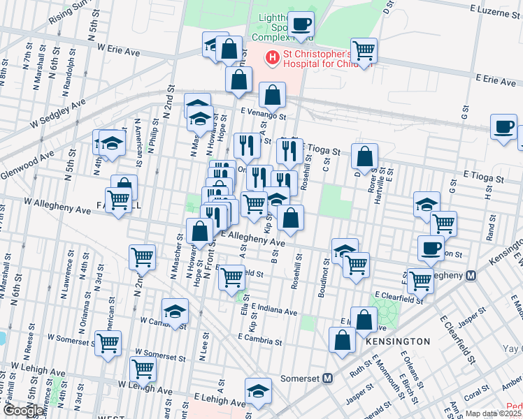 map of restaurants, bars, coffee shops, grocery stores, and more near 222 East Westmoreland Street in Philadelphia