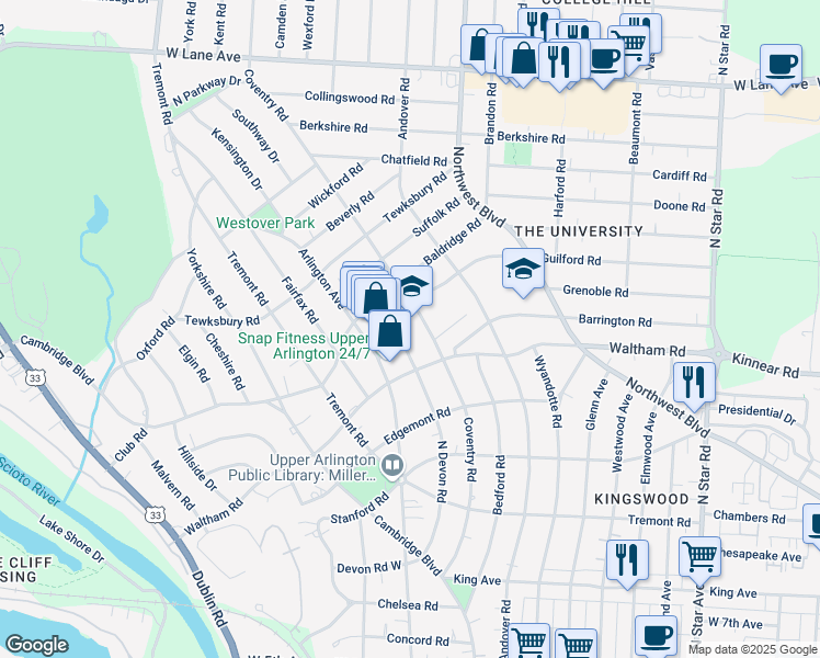 map of restaurants, bars, coffee shops, grocery stores, and more near 2100 Arlington Avenue in Columbus