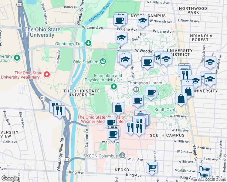 map of restaurants, bars, coffee shops, grocery stores, and more near 305 Annie and John Glenn Avenue in Columbus