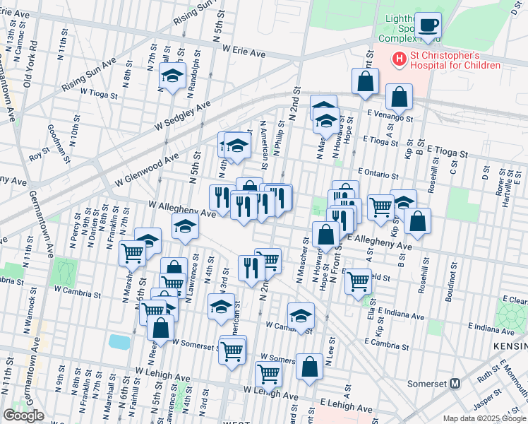 map of restaurants, bars, coffee shops, grocery stores, and more near 3212 North Philip Street in Philadelphia