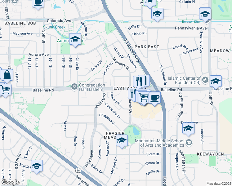 map of restaurants, bars, coffee shops, grocery stores, and more near 4415 Laguna Place in Boulder