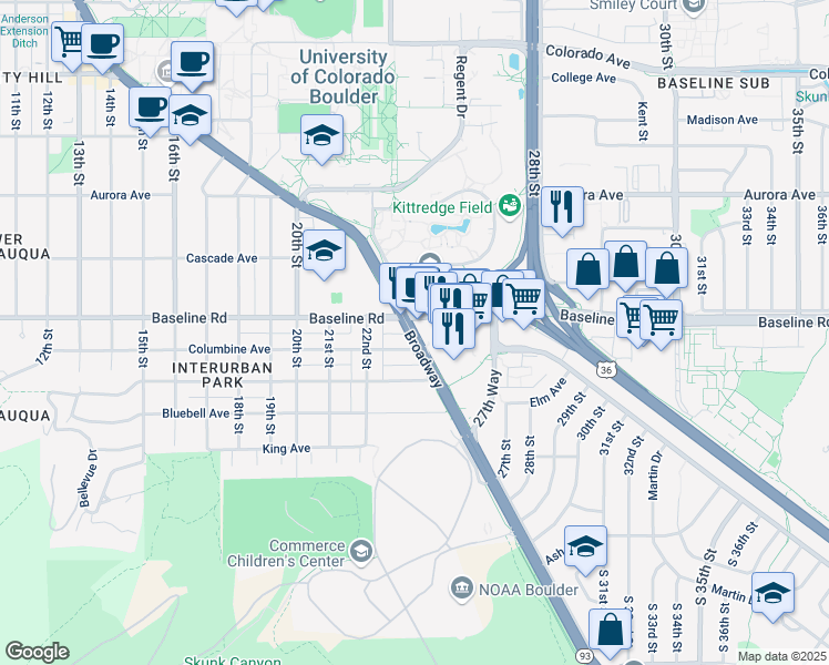 map of restaurants, bars, coffee shops, grocery stores, and more near 2450 Baseline Road in Boulder