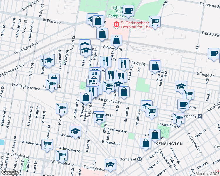 map of restaurants, bars, coffee shops, grocery stores, and more near 212 East Westmoreland Street in Philadelphia
