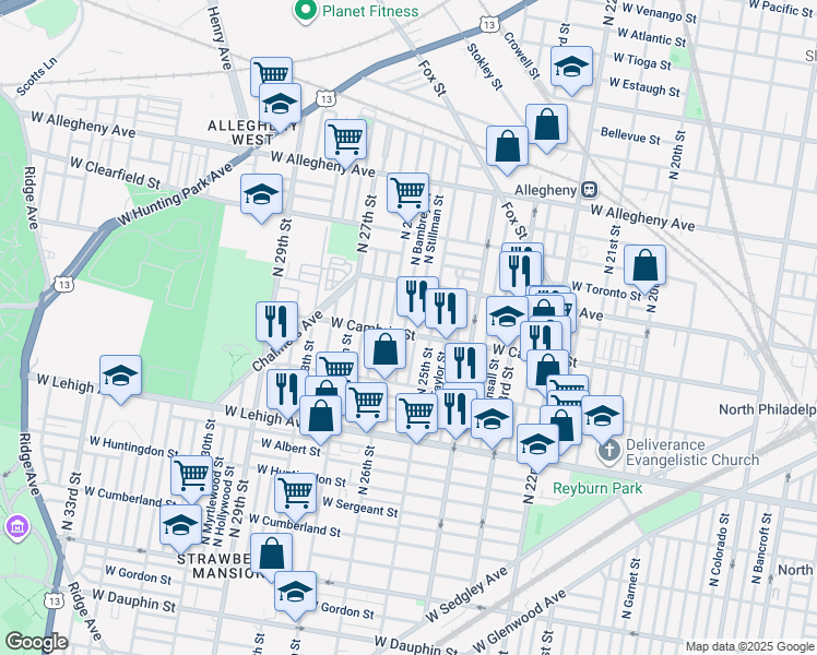 map of restaurants, bars, coffee shops, grocery stores, and more near 2907 North Bambrey Street in Philadelphia