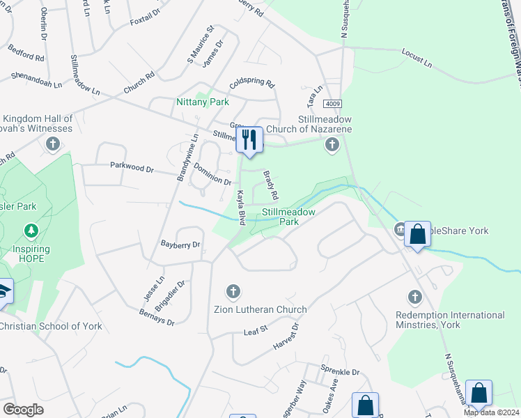 map of restaurants, bars, coffee shops, grocery stores, and more near 670 Kyle Road in York