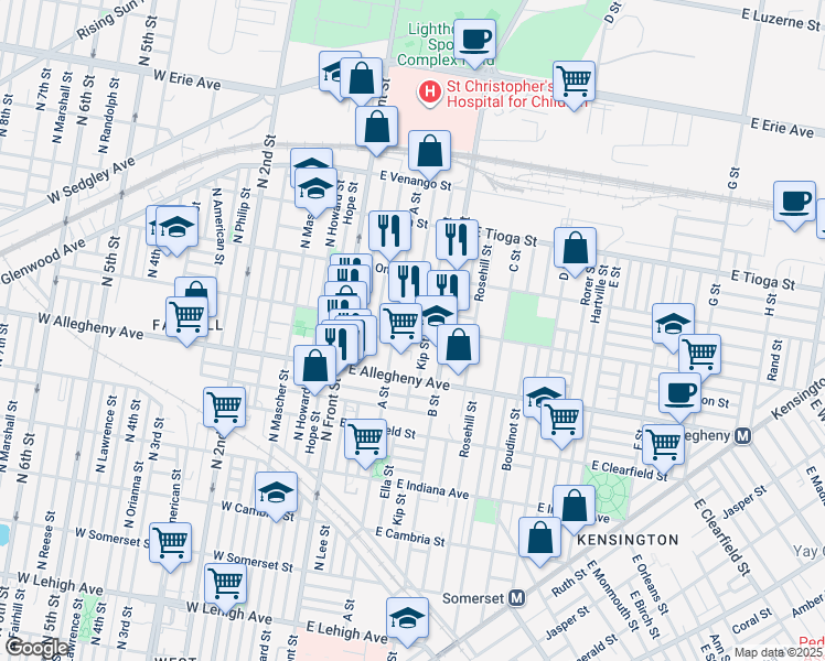 map of restaurants, bars, coffee shops, grocery stores, and more near 222 East Westmoreland Street in Philadelphia