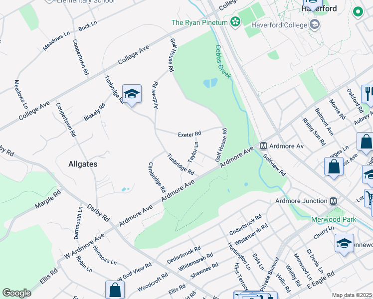 map of restaurants, bars, coffee shops, grocery stores, and more near 100 Taylor Lane in Haverford