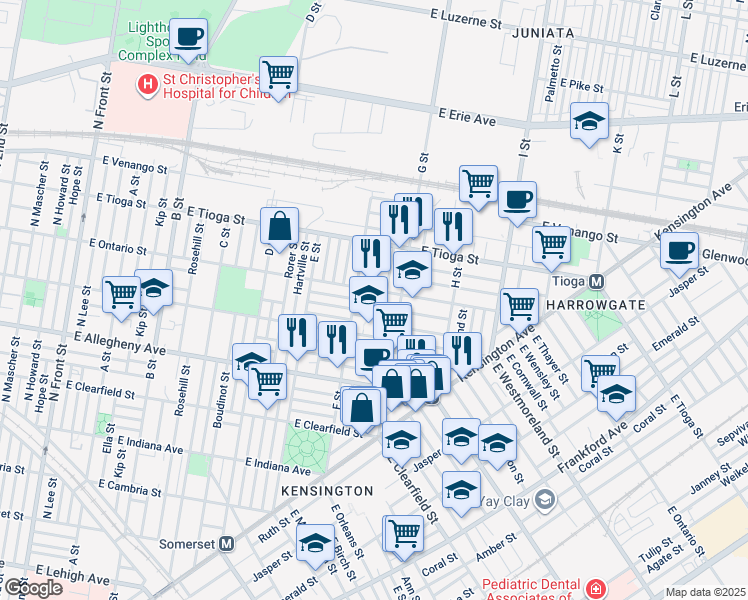 map of restaurants, bars, coffee shops, grocery stores, and more near 727 East Thayer Street in Philadelphia