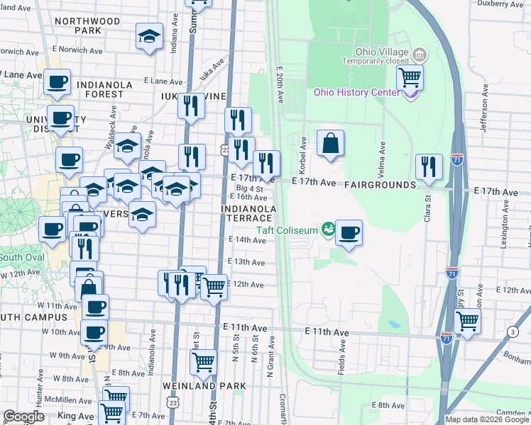 map of restaurants, bars, coffee shops, grocery stores, and more near 434 East 15th Avenue in Columbus