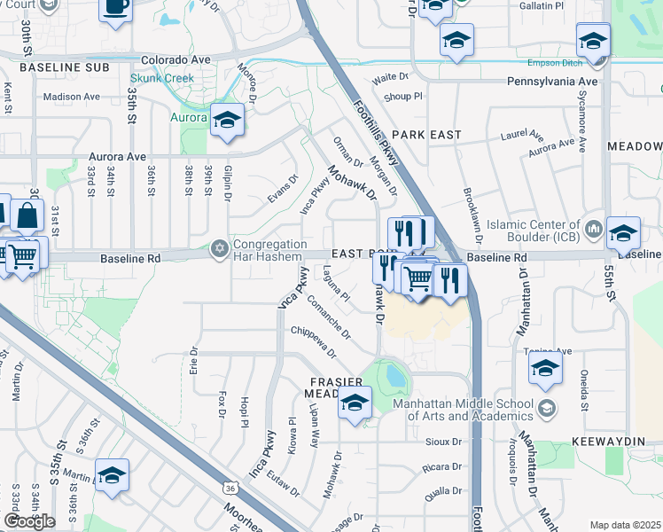 map of restaurants, bars, coffee shops, grocery stores, and more near 4475 Laguna Place in Boulder