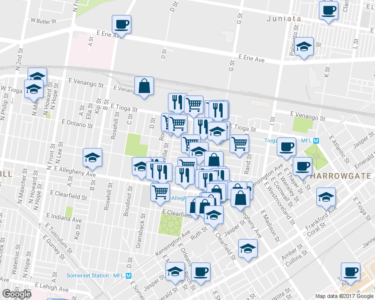 map of restaurants, bars, coffee shops, grocery stores, and more near 650 East Thayer Street in Philadelphia
