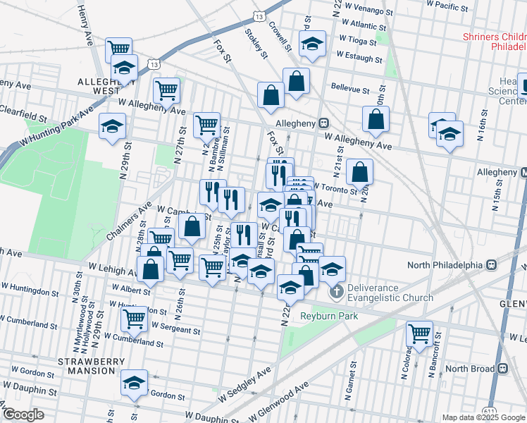 map of restaurants, bars, coffee shops, grocery stores, and more near 2928 North Bonsall Street in Philadelphia
