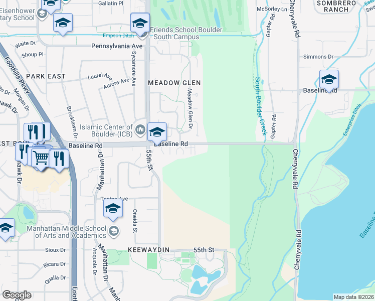 map of restaurants, bars, coffee shops, grocery stores, and more near 5648 Baseline Road in Boulder
