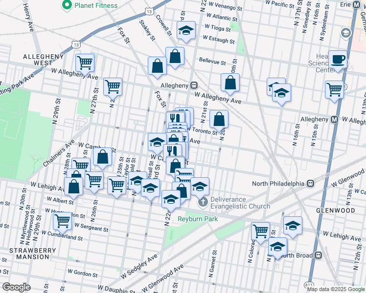 map of restaurants, bars, coffee shops, grocery stores, and more near 2945 North 22nd Street in Philadelphia