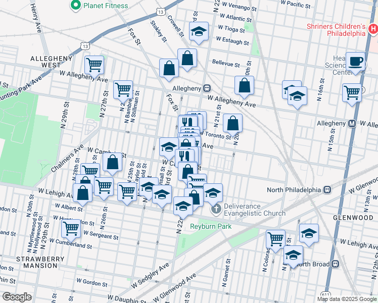 map of restaurants, bars, coffee shops, grocery stores, and more near 2938 North 22nd Street in Philadelphia