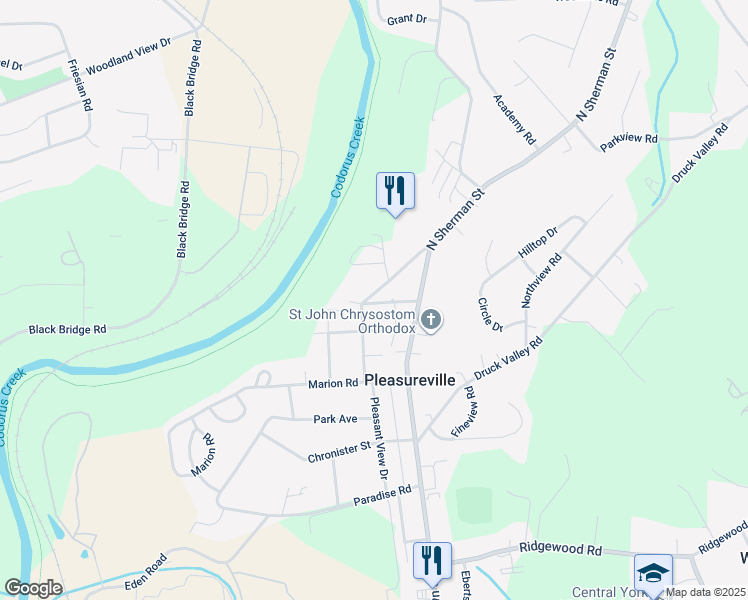 map of restaurants, bars, coffee shops, grocery stores, and more near 2429 Pleasant View Drive in York