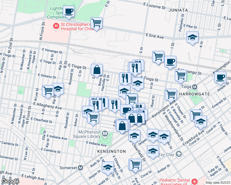 map of restaurants, bars, coffee shops, grocery stores, and more near 650 East Thayer Street in Philadelphia