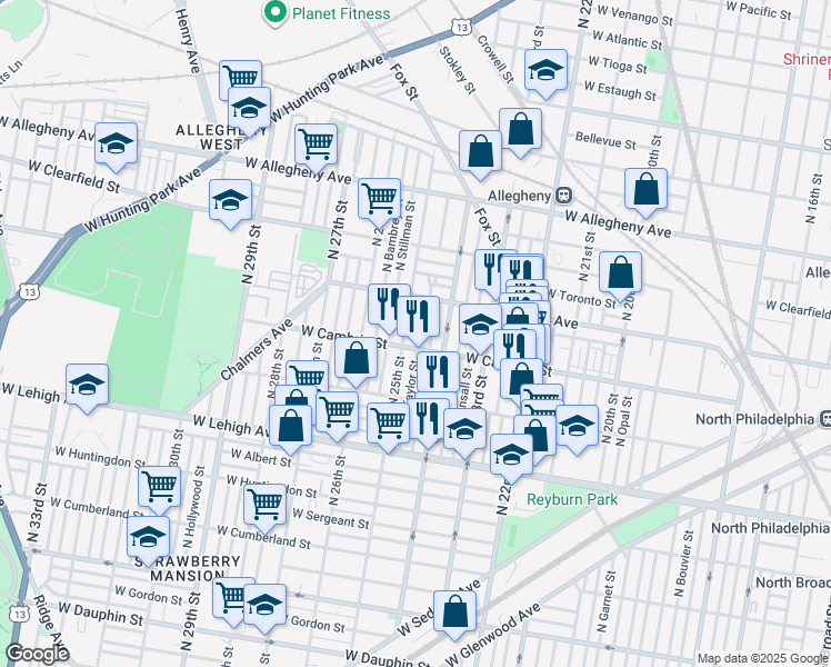 map of restaurants, bars, coffee shops, grocery stores, and more near 2861 North Taylor Street in Philadelphia