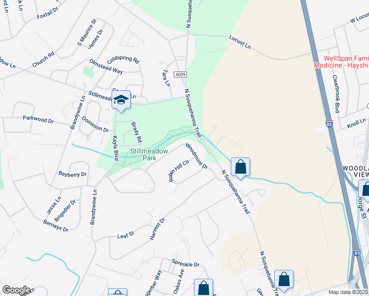 map of restaurants, bars, coffee shops, grocery stores, and more near 2714 Woodmont Drive in York