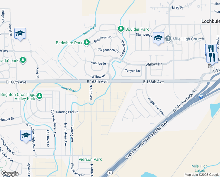 map of restaurants, bars, coffee shops, grocery stores, and more near 21754-21768 East 168th Avenue in Lochbuie