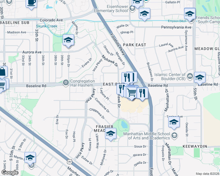 map of restaurants, bars, coffee shops, grocery stores, and more near 635 Mohawk Drive in Boulder
