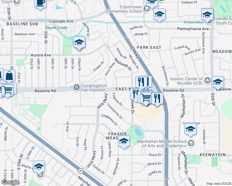 map of restaurants, bars, coffee shops, grocery stores, and more near 4475 Laguna Place in Boulder