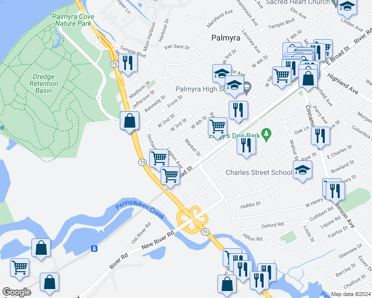 map of restaurants, bars, coffee shops, grocery stores, and more near 610 West 5th Street in Palmyra