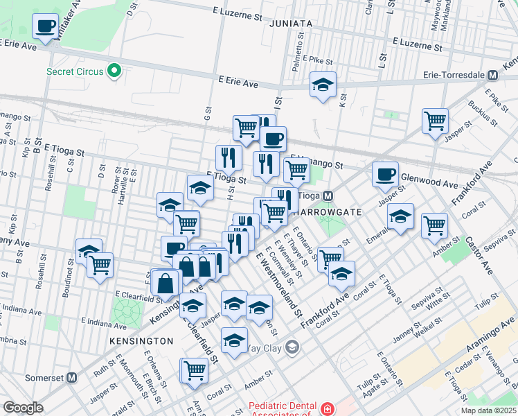 map of restaurants, bars, coffee shops, grocery stores, and more near 3356 I Street in Philadelphia