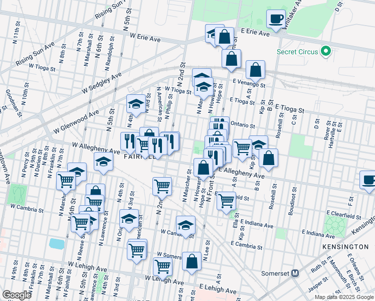 map of restaurants, bars, coffee shops, grocery stores, and more near 169 West Allegheny Avenue in Philadelphia