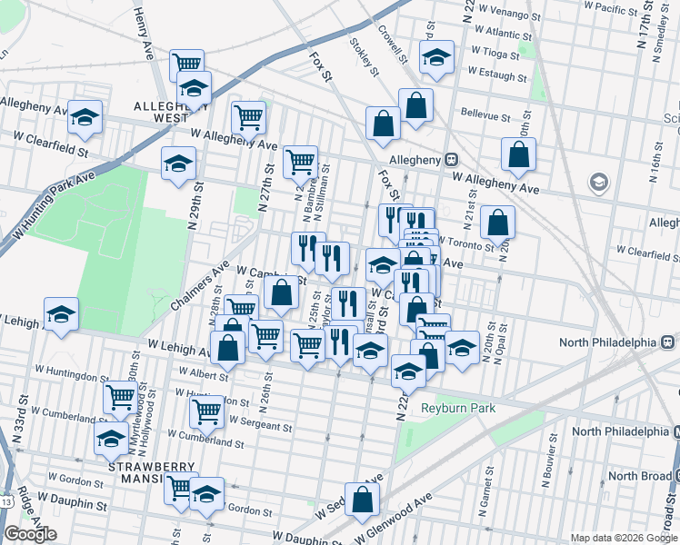 map of restaurants, bars, coffee shops, grocery stores, and more near 2861 North Taylor Street in Philadelphia