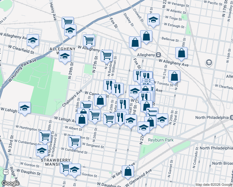 map of restaurants, bars, coffee shops, grocery stores, and more near 2861 North Taylor Street in Philadelphia