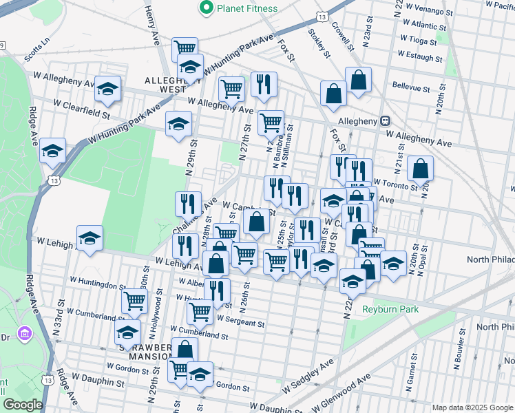 map of restaurants, bars, coffee shops, grocery stores, and more near 2838 North Bailey Street in Philadelphia