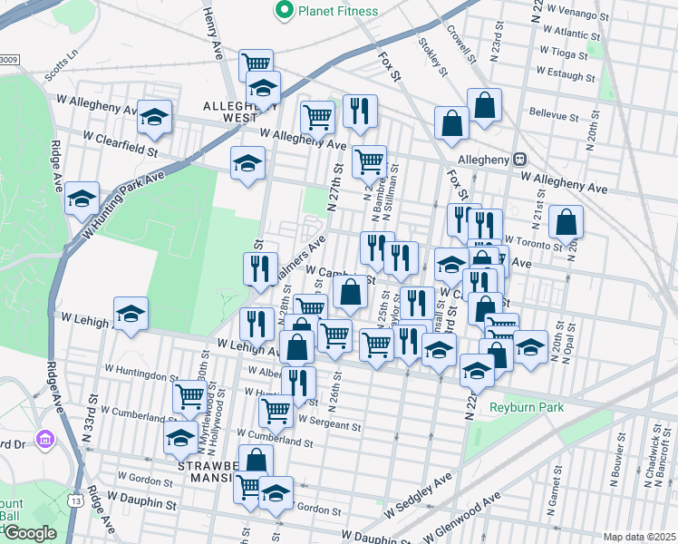 map of restaurants, bars, coffee shops, grocery stores, and more near 2838 North Bailey Street in Philadelphia