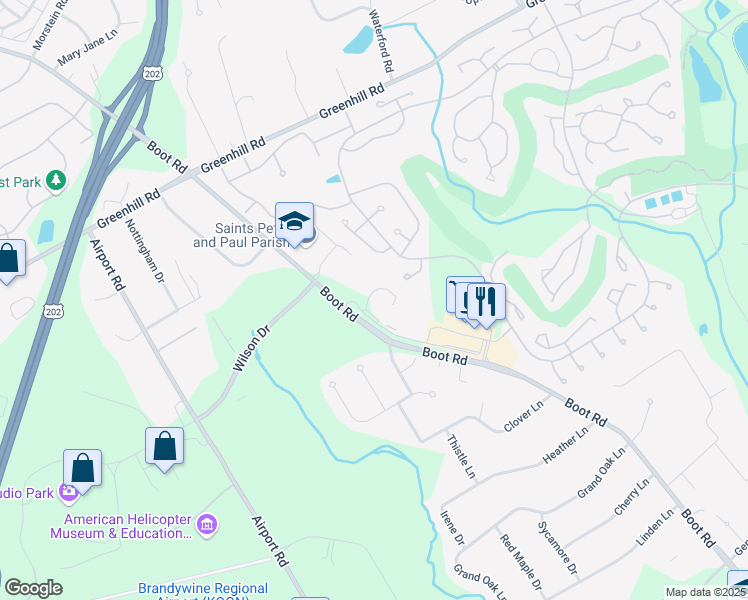 map of restaurants, bars, coffee shops, grocery stores, and more near 1360 Boot Road in West Chester