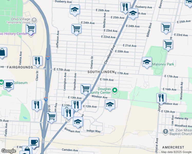 map of restaurants, bars, coffee shops, grocery stores, and more near 1621-1623 Cleveland Avenue in Columbus