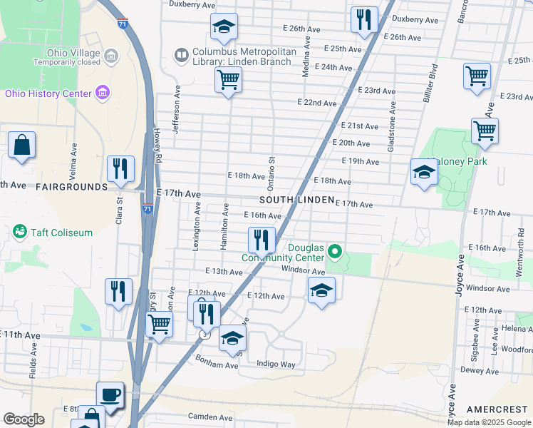 map of restaurants, bars, coffee shops, grocery stores, and more near 1621-1623 Cleveland Avenue in Columbus