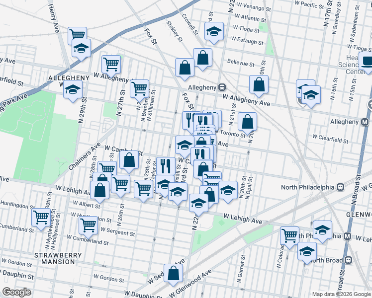 map of restaurants, bars, coffee shops, grocery stores, and more near in Philadelphia