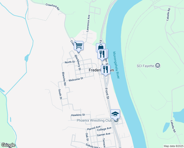 map of restaurants, bars, coffee shops, grocery stores, and more near 76 Welcome Street in Fredericktown