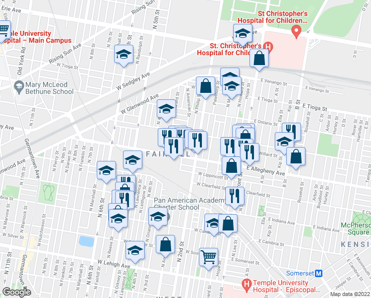 map of restaurants, bars, coffee shops, grocery stores, and more near 3215 North American Street in Philadelphia