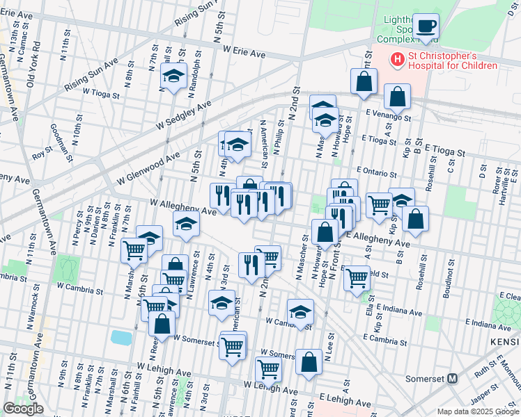 map of restaurants, bars, coffee shops, grocery stores, and more near 3215 North American Street in Philadelphia