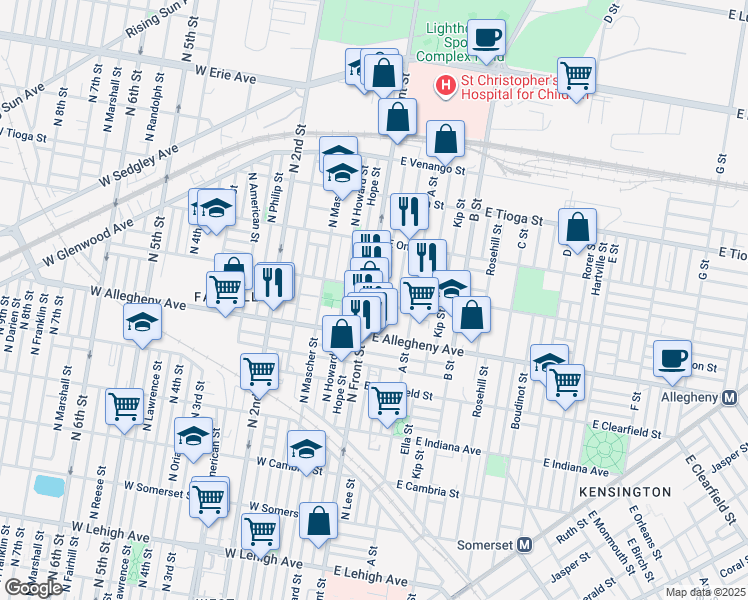 map of restaurants, bars, coffee shops, grocery stores, and more near 3251 North Front Street in Philadelphia