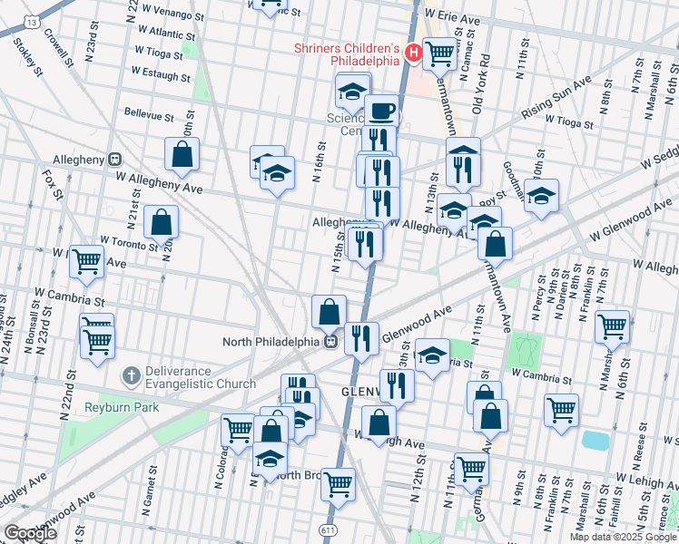 map of restaurants, bars, coffee shops, grocery stores, and more near 3045 North 15th Street in Philadelphia