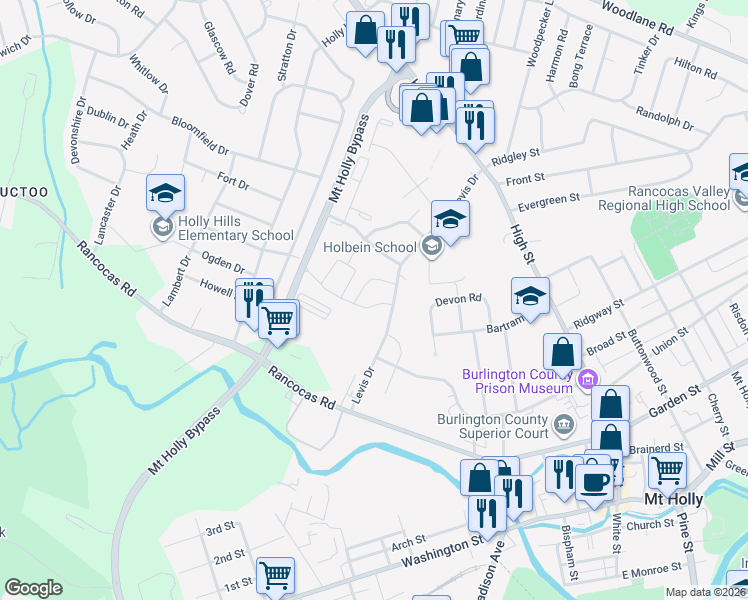 map of restaurants, bars, coffee shops, grocery stores, and more near 312 South Martin Avenue in Mount Holly