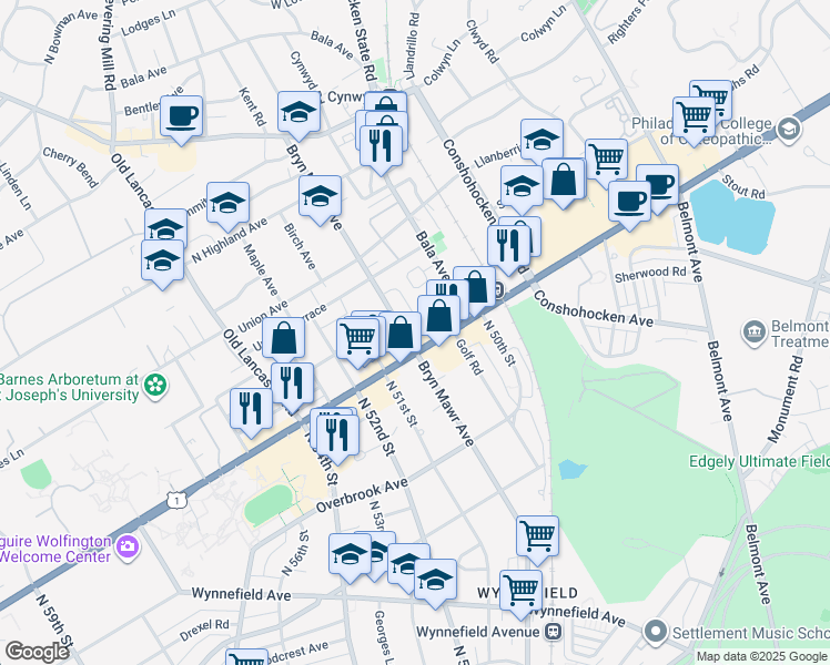 map of restaurants, bars, coffee shops, grocery stores, and more near in Bala Cynwyd