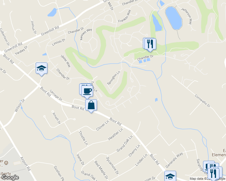 map of restaurants, bars, coffee shops, grocery stores, and more near 1415 Springton Lane in West Chester