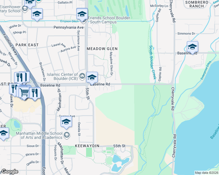 map of restaurants, bars, coffee shops, grocery stores, and more near 5648 Baseline Road in Boulder