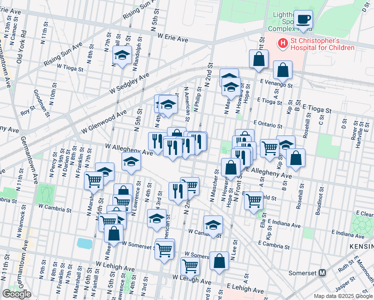map of restaurants, bars, coffee shops, grocery stores, and more near 3216 North Philip Street in Philadelphia