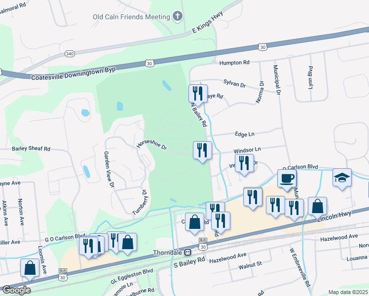 map of restaurants, bars, coffee shops, grocery stores, and more near 102 Horseshoe Drive in Thorndale