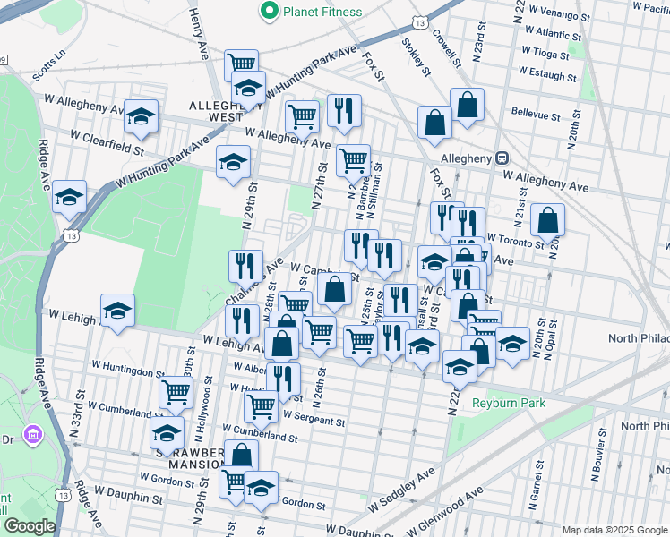 map of restaurants, bars, coffee shops, grocery stores, and more near 2838 North Bailey Street in Philadelphia