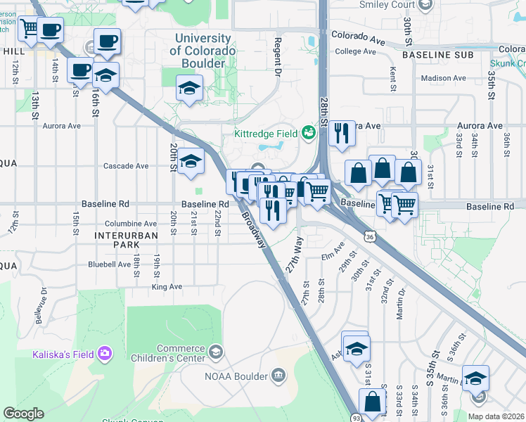 map of restaurants, bars, coffee shops, grocery stores, and more near 590 Broadway Street in Boulder